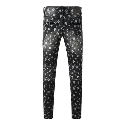 Vaqueros pitillo clásicos para hombre, gris oscuro, con monograma estampado por toda la prenda, estilo desgastado PU9112 