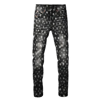 Vaqueros pitillo clásicos para hombre, gris oscuro, con monograma estampado por toda la prenda, estilo desgastado PU9112 