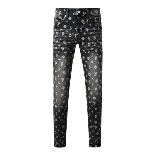 Vaqueros pitillo clásicos para hombre, gris oscuro, con monograma estampado por toda la prenda, estilo desgastado PU9112 