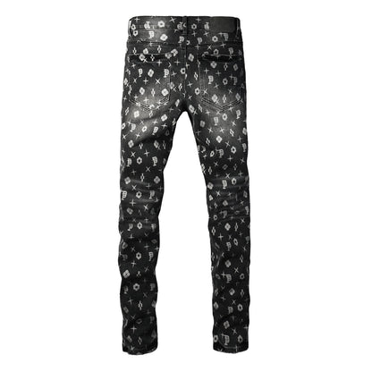 Vaqueros pitillo clásicos para hombre, gris oscuro, con monograma estampado por toda la prenda, estilo desgastado PU9112 