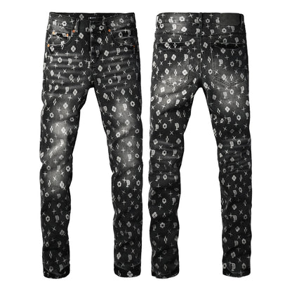 Vaqueros pitillo clásicos para hombre, gris oscuro, con monograma estampado por toda la prenda, estilo desgastado PU9112 