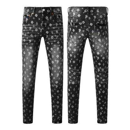 Vaqueros pitillo clásicos para hombre, gris oscuro, con monograma estampado por toda la prenda, estilo desgastado PU9112 