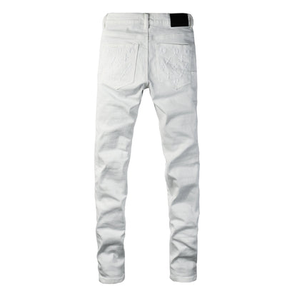 Vaqueros ajustados de diseño para hombre, color blanco liso con monograma en relieve 3D PU9113 