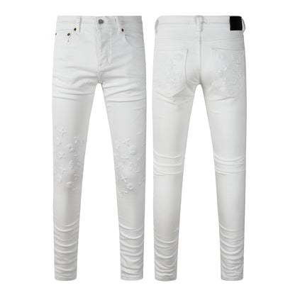 Vaqueros ajustados de diseño para hombre, color blanco liso con monograma en relieve 3D PU9113 
