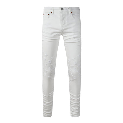 Vaqueros ajustados de diseño para hombre, color blanco liso con monograma en relieve 3D PU9113 