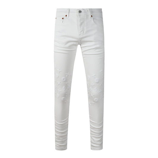 Vaqueros ajustados de diseño para hombre, color blanco liso con monograma en relieve 3D PU9113 