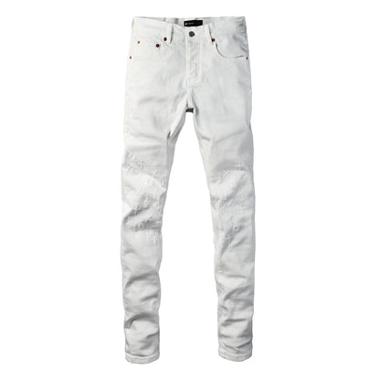 Vaqueros ajustados de diseño para hombre, color blanco liso con monograma en relieve 3D PU9113 