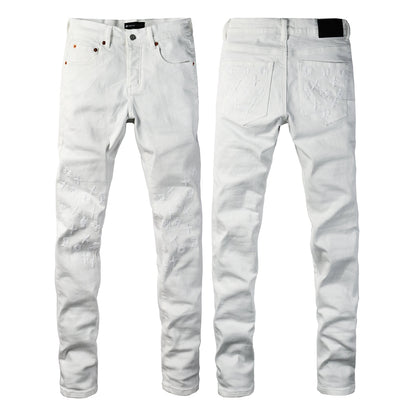 Vaqueros ajustados de diseño para hombre, color blanco liso con monograma en relieve 3D PU9113 