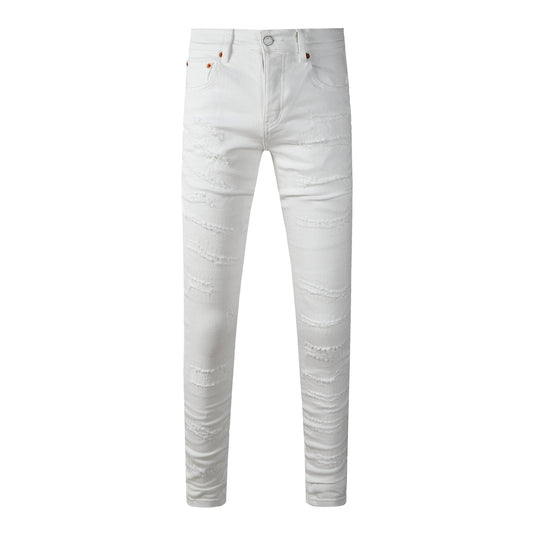 Vaqueros ajustados clásicos de calle para hombre, color blanco liso con sutiles detalles desgastados, PU9118 