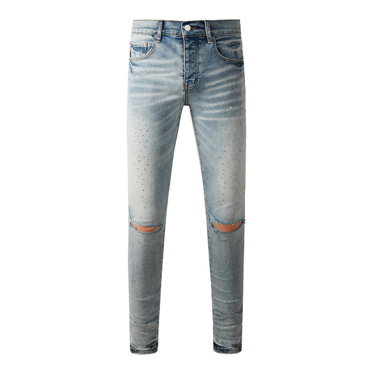 Jean skinny streetwear bleu clair pour homme avec strass et détails vieillis PU9119 