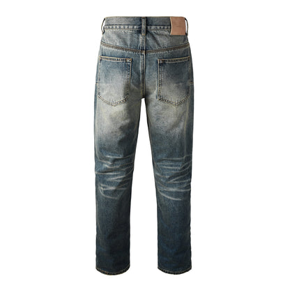 Vaqueros rectos vintage para hombre, lavados en azul con efecto desgastado y paneles en contraste PU9120 