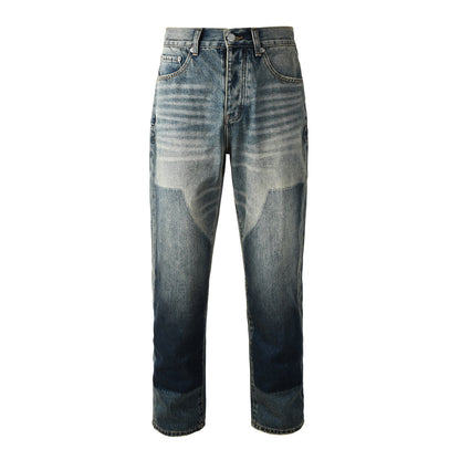 Vaqueros rectos vintage para hombre, lavados en azul con efecto desgastado y paneles en contraste PU9120 