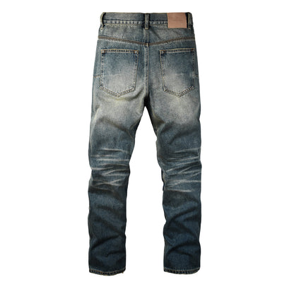 Vaqueros rectos vintage para hombre, lavados en azul con efecto desgastado y paneles en contraste PU9120 