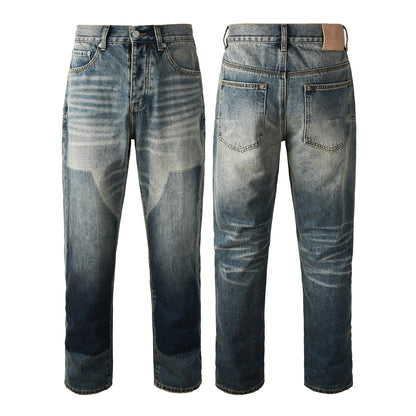 Vaqueros rectos vintage para hombre, lavados en azul con efecto desgastado y paneles en contraste PU9120 