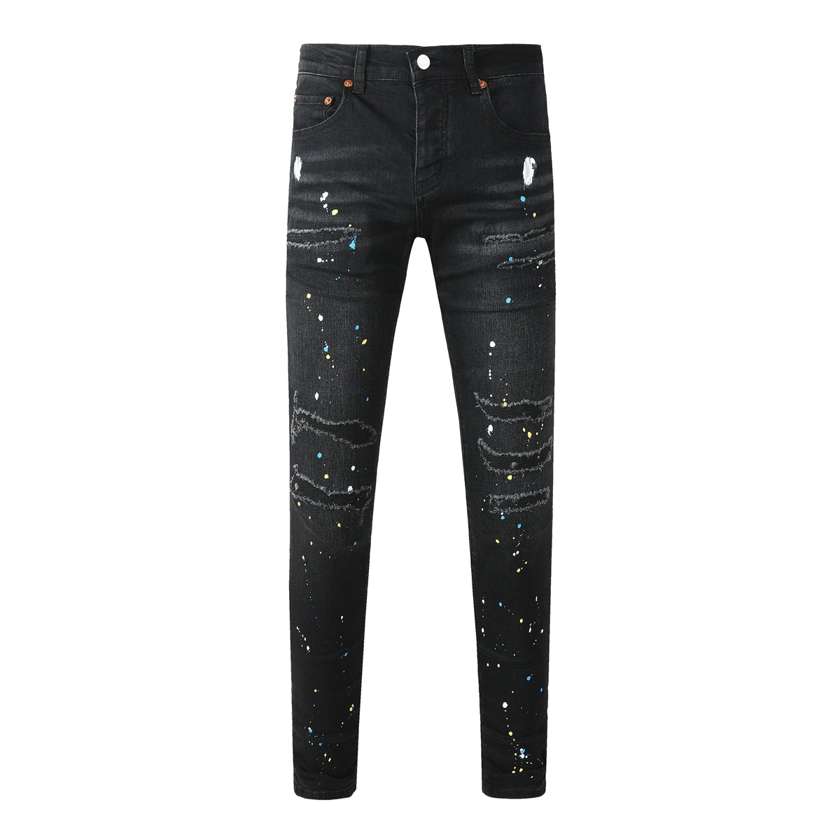 Jean slim déchiré noir pour homme, style streetwear, effet éclaboussures de peinture multicolores et détails déchirés 9121 