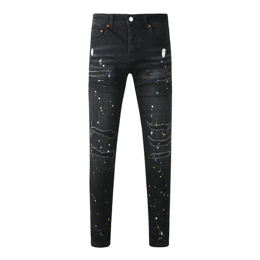 Jean slim déchiré noir pour homme, style streetwear, effet éclaboussures de peinture multicolores et détails déchirés 9121 