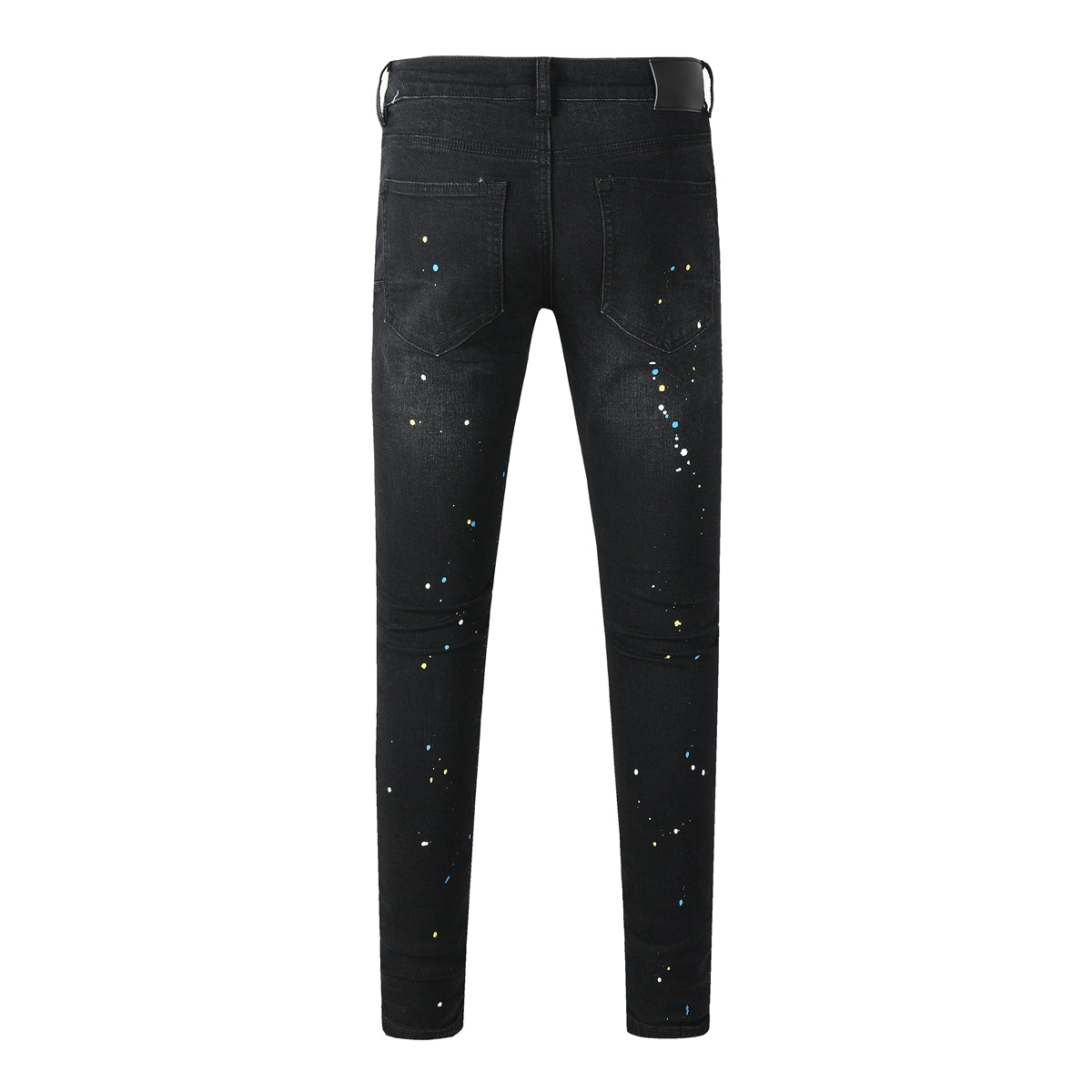 Jean slim déchiré noir pour homme, style streetwear, effet éclaboussures de peinture multicolores et détails déchirés 9121 