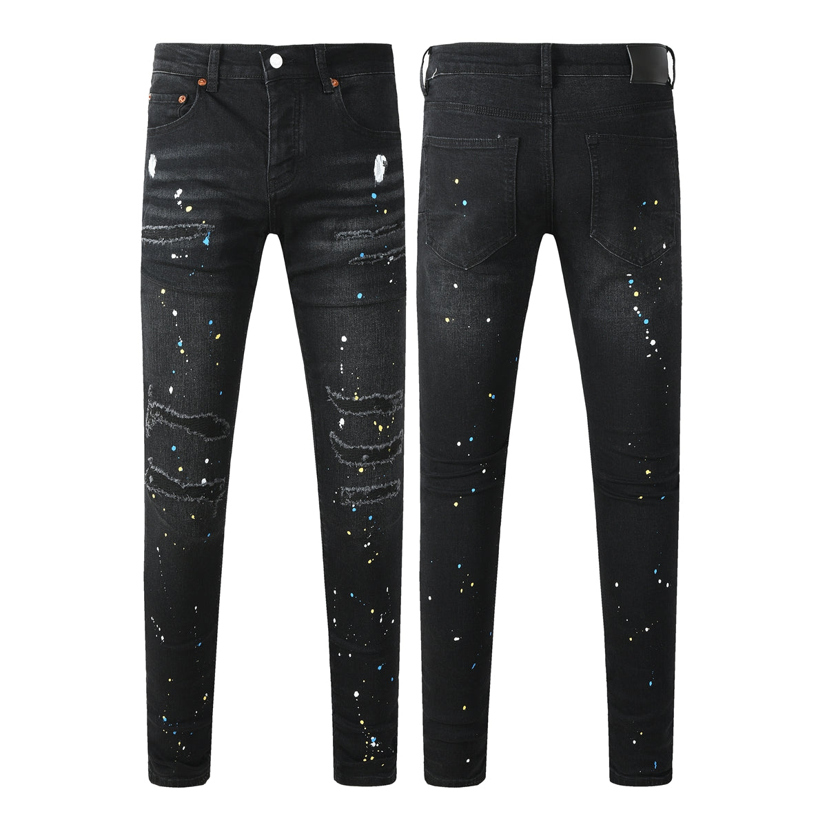 Jean slim déchiré noir pour homme, style streetwear, effet éclaboussures de peinture multicolores et détails déchirés 9121 