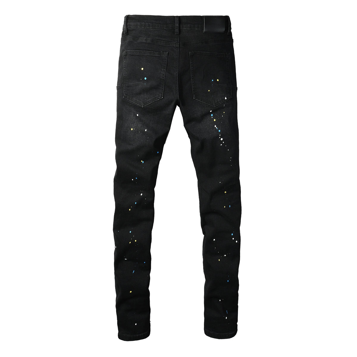 Jean slim déchiré noir pour homme, style streetwear, effet éclaboussures de peinture multicolores et détails déchirés 9121 