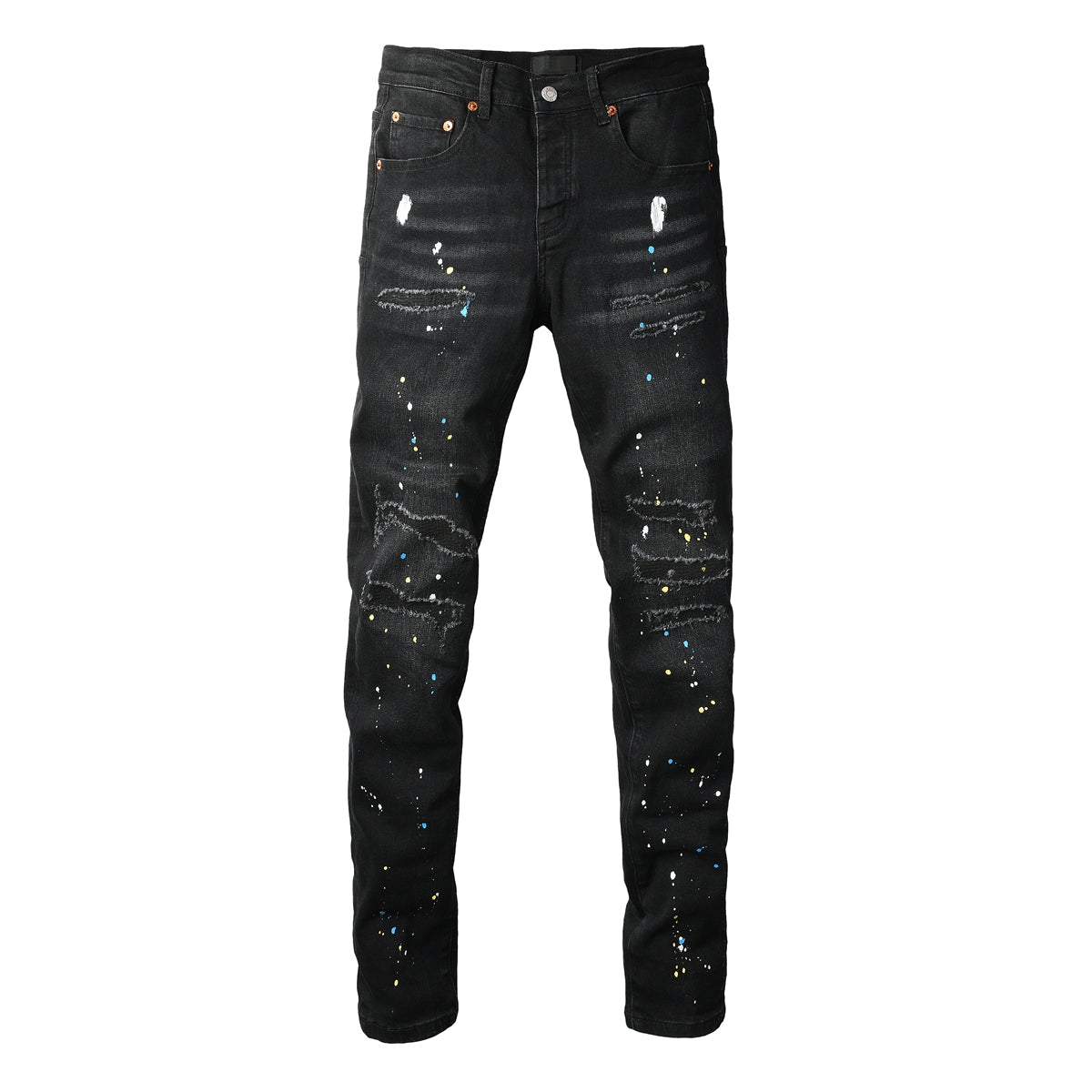 Jean slim déchiré noir pour homme, style streetwear, effet éclaboussures de peinture multicolores et détails déchirés 9121 