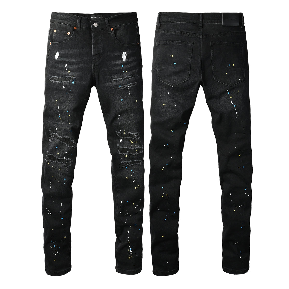 Jean slim déchiré noir pour homme, style streetwear, effet éclaboussures de peinture multicolores et détails déchirés 9121 