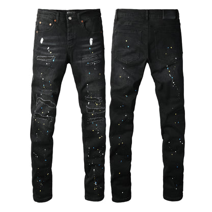 Jean slim déchiré noir pour homme, style streetwear, effet éclaboussures de peinture multicolores et détails déchirés 9121 