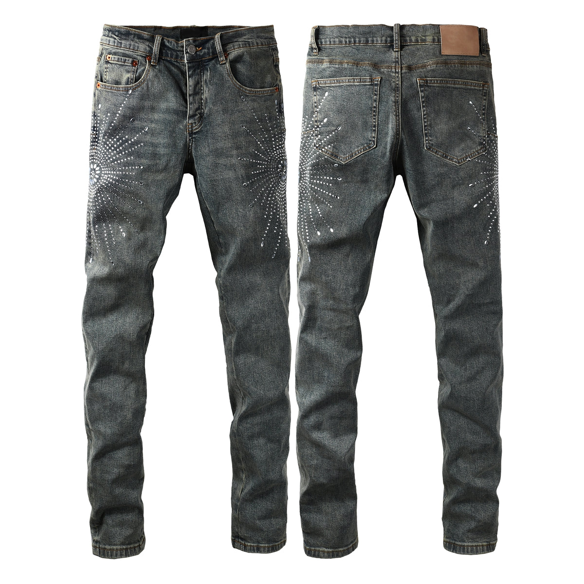 Vaqueros de diseño para hombre, desgastados, denim gris oscuro con estampados de estrellas y cristales tachuelados, 9122 