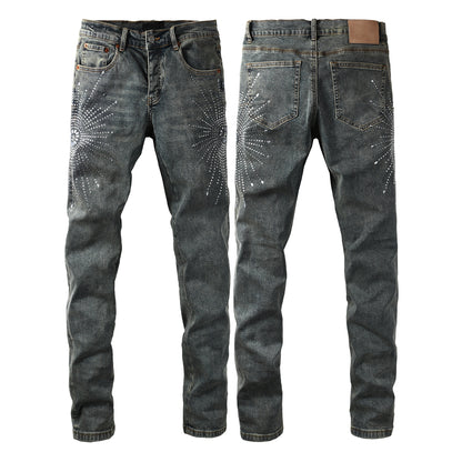 Vaqueros de diseño para hombre, desgastados, denim gris oscuro con estampados de estrellas y cristales tachuelados, 9122 