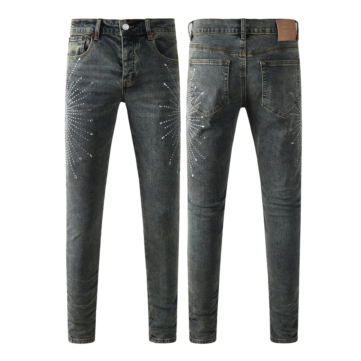 Vaqueros de diseño para hombre, desgastados, denim gris oscuro con estampados de estrellas y cristales tachuelados, 9122 