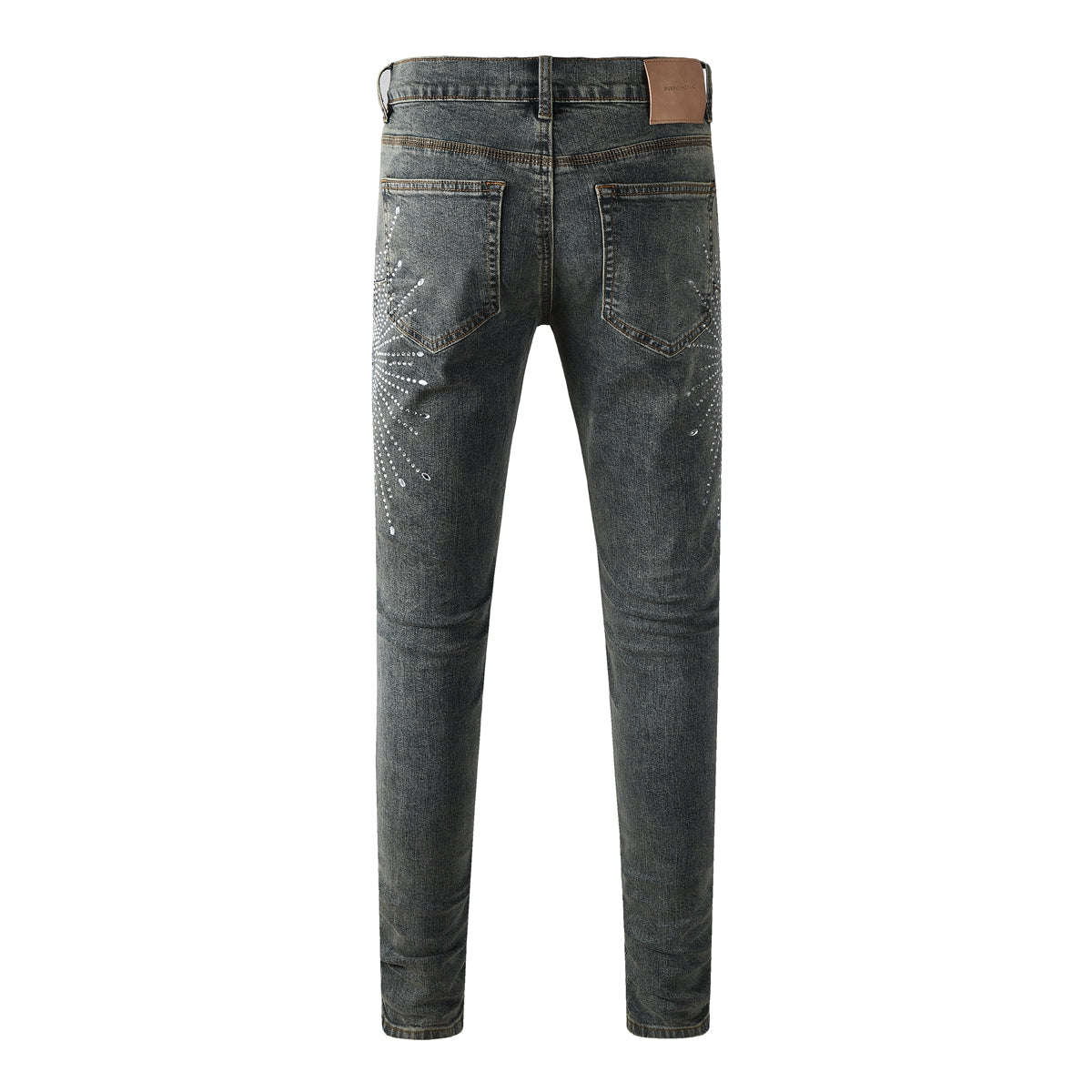 Vaqueros de diseño para hombre, desgastados, denim gris oscuro con estampados de estrellas y cristales tachuelados, 9122 