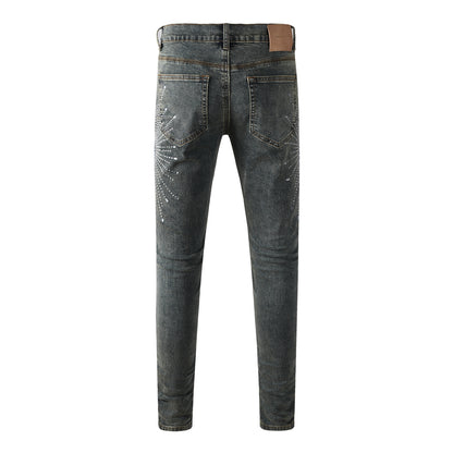 Vaqueros de diseño para hombre, desgastados, denim gris oscuro con estampados de estrellas y cristales tachuelados, 9122 