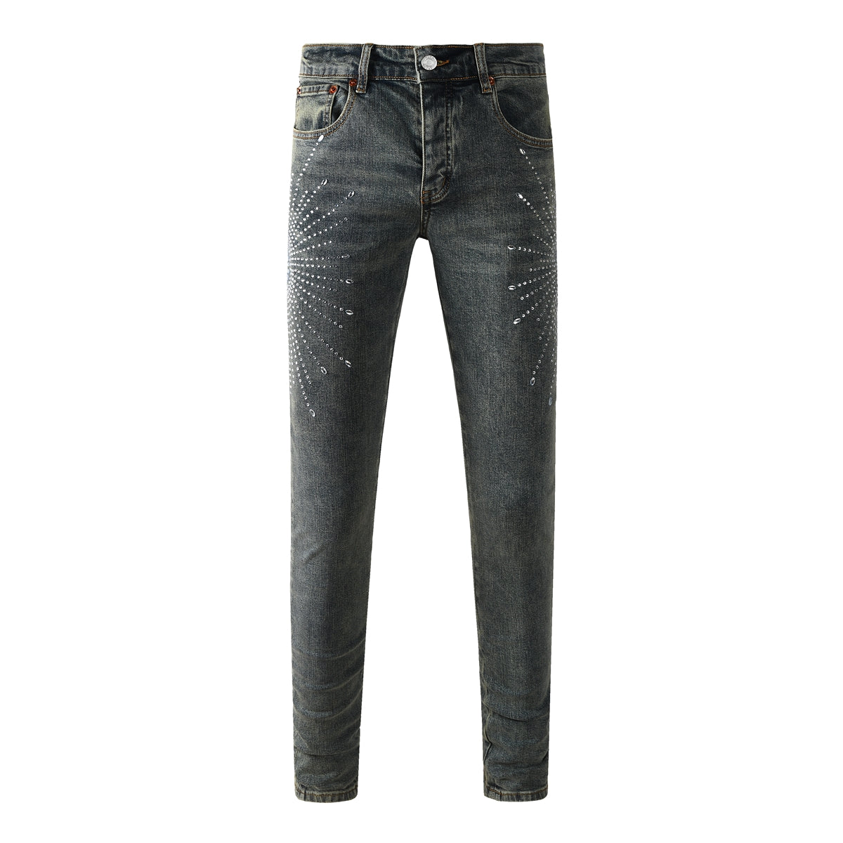 Vaqueros de diseño para hombre, desgastados, denim gris oscuro con estampados de estrellas y cristales tachuelados, 9122 