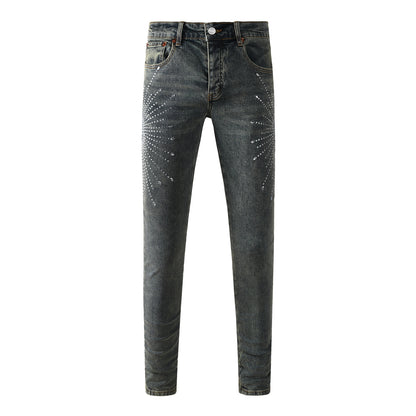 Vaqueros de diseño para hombre, desgastados, denim gris oscuro con estampados de estrellas y cristales tachuelados, 9122 