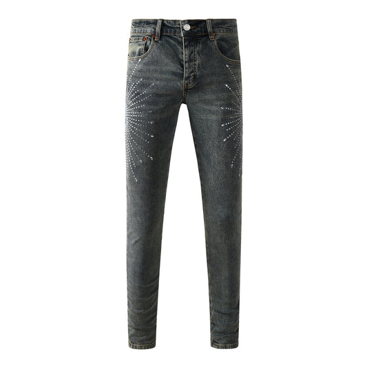 Jean de créateur pour homme, denim gris foncé vieilli avec motifs étoiles ornés de cristaux 9122 