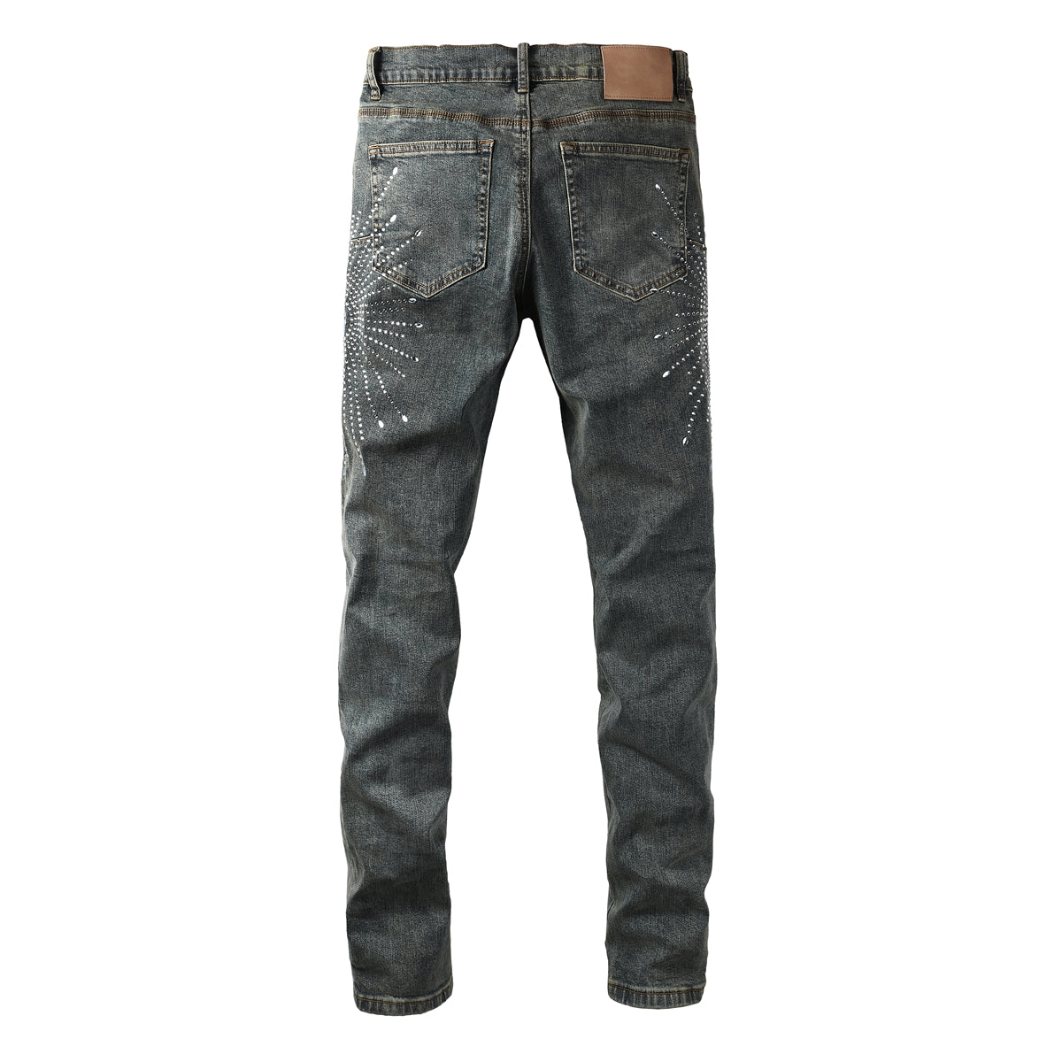 Vaqueros de diseño para hombre, desgastados, denim gris oscuro con estampados de estrellas y cristales tachuelados, 9122 