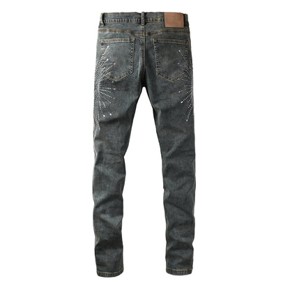 Vaqueros de diseño para hombre, desgastados, denim gris oscuro con estampados de estrellas y cristales tachuelados, 9122 