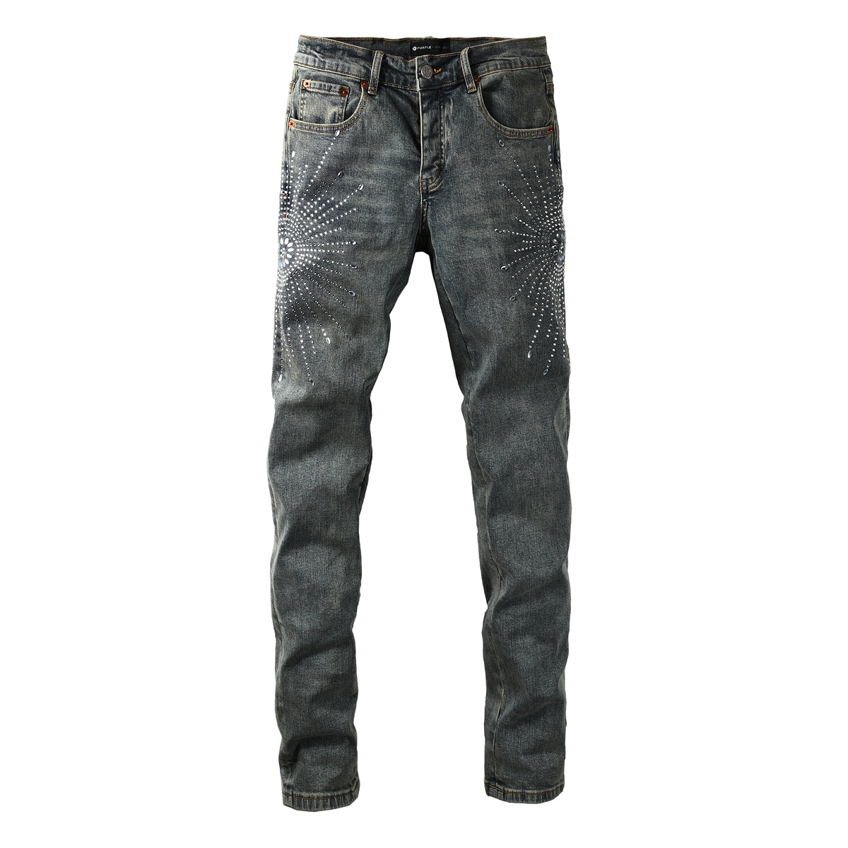 Vaqueros de diseño para hombre, desgastados, denim gris oscuro con estampados de estrellas y cristales tachuelados, 9122 