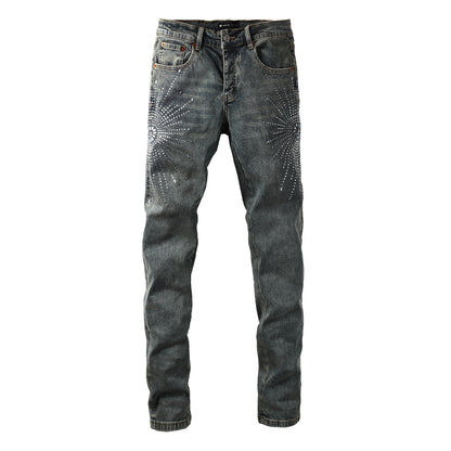 Vaqueros de diseño para hombre, desgastados, denim gris oscuro con estampados de estrellas y cristales tachuelados, 9122 