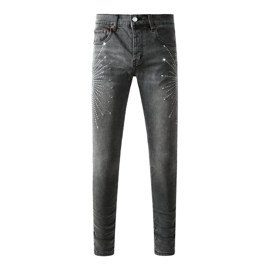Jean slim gris tendance pour homme avec motif étoile en strass brillants sur le devant et le dos 9123 