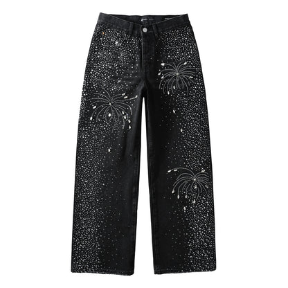 Jean droit noir pour homme, motif feux d'artifice en cristal éblouissant, inspiré du ciel nocturne 9125 