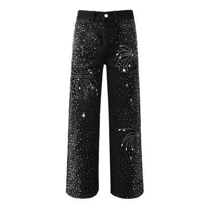 Jean droit noir pour homme, motif feux d'artifice en cristal éblouissant, inspiré du ciel nocturne 9125 