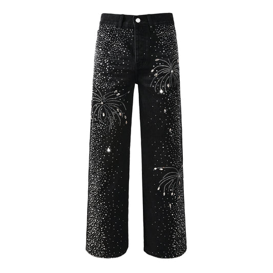 Jean droit noir pour homme, motif feux d'artifice en cristal éblouissant, inspiré du ciel nocturne 9125 