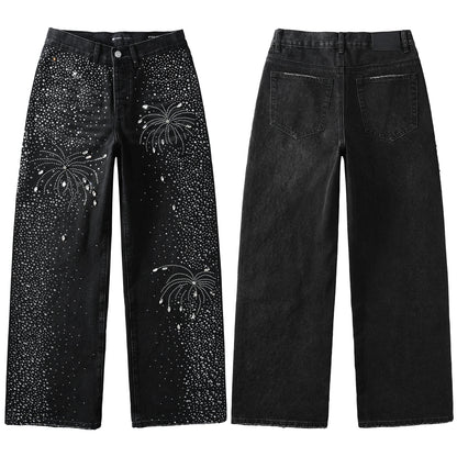 Jean droit noir pour homme, motif feux d'artifice en cristal éblouissant, inspiré du ciel nocturne 9125 