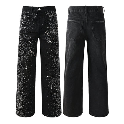 Jean droit noir pour homme, motif feux d'artifice en cristal éblouissant, inspiré du ciel nocturne 9125 