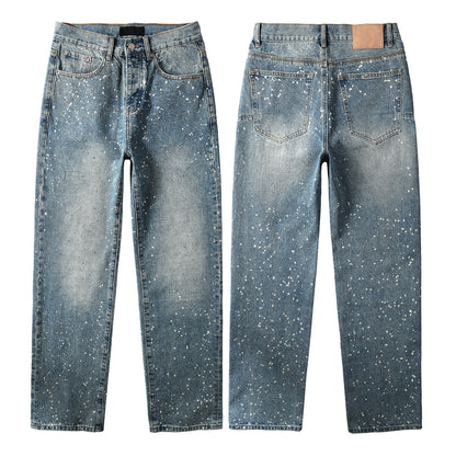 Vaqueros rectos azules para hombre con diseño de salpicaduras de pintura, estilo informal vintage lavado, estilo urbano, 9126 