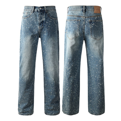 Vaqueros rectos azules para hombre con diseño de salpicaduras de pintura, estilo informal vintage lavado, estilo urbano, 9126 