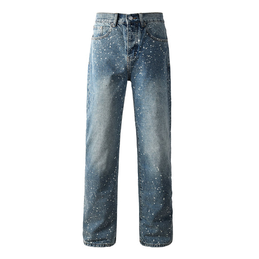 Jean droit bleu pour homme avec motif éclaboussures de peinture, style streetwear décontracté vintage délavé, denim 9126 