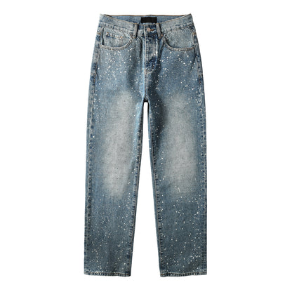 Vaqueros rectos azules para hombre con diseño de salpicaduras de pintura, estilo informal vintage lavado, estilo urbano, 9126 