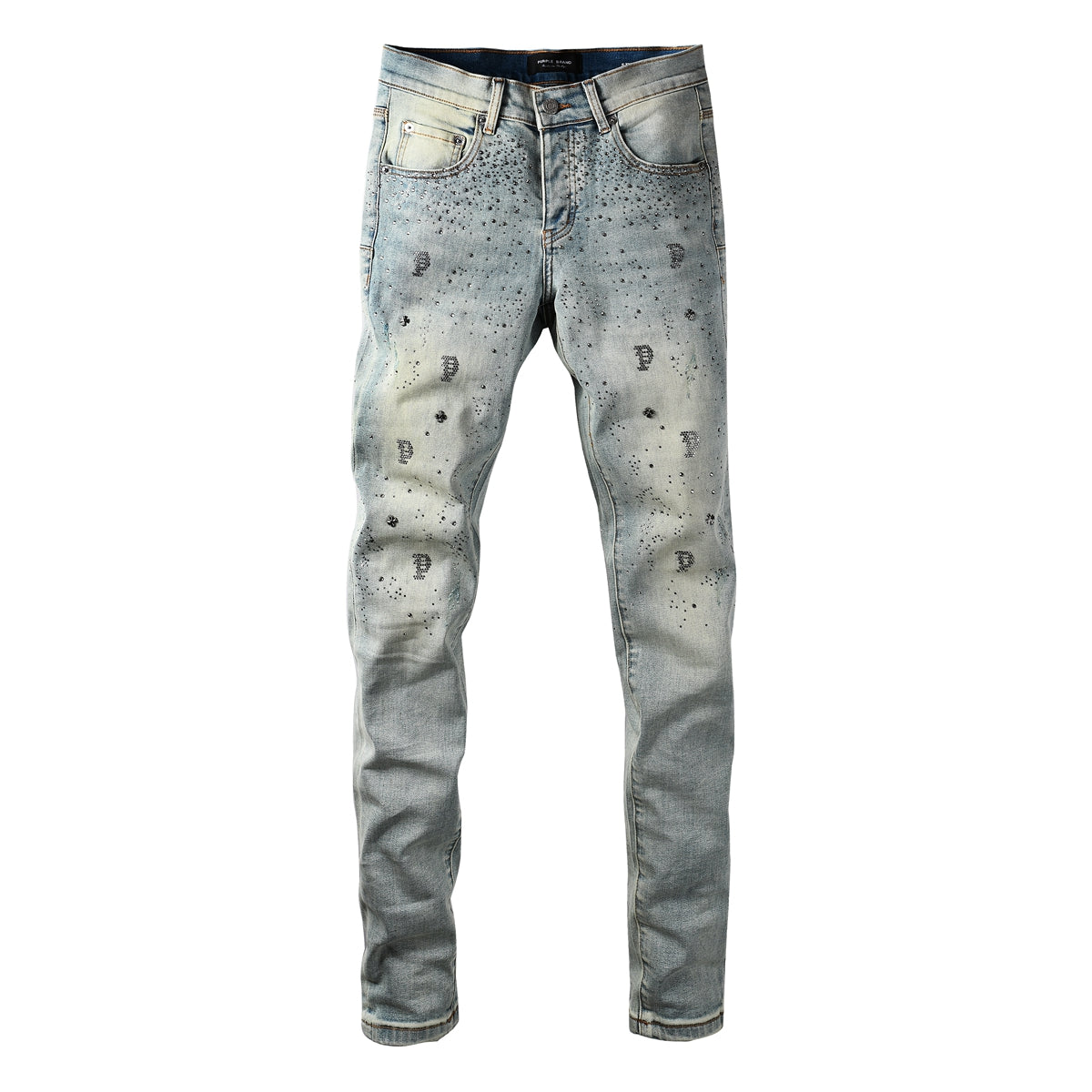Vaqueros azul claro de moda para hombre, corte ajustado, con estampado negro y detalles de cristales 9127 