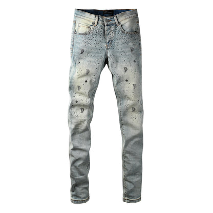 Vaqueros azul claro de moda para hombre, corte ajustado, con estampado negro y detalles de cristales 9127 